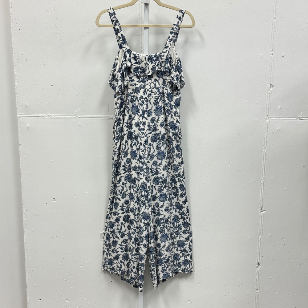 LOFT Floral Ruffle Wide Leg Jumpsuit Size 4 Sleeveless Pockets Blue White Summer - Picture 1 of 9